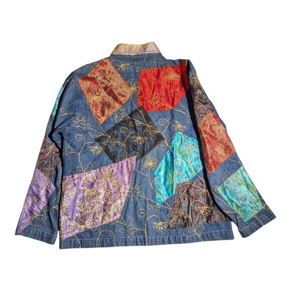 Vtg Y2K New Direction Blue Denim Brocade Satin Patchwork Button Up Jacket Sz M - Picture 2 of 4